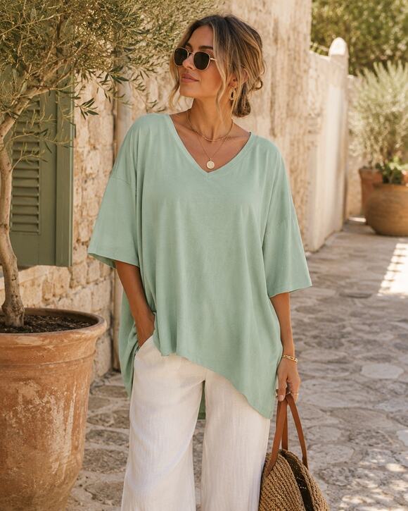 Zenana Tops - Zenana Cotton Oversized Boyfriend V-Neck Tee Light Sage Medium